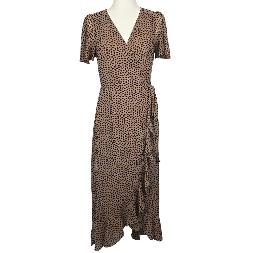 Arrays Cheetah Print Wrap Midi Dress Ruffle Hem V Neck Brown Size M
